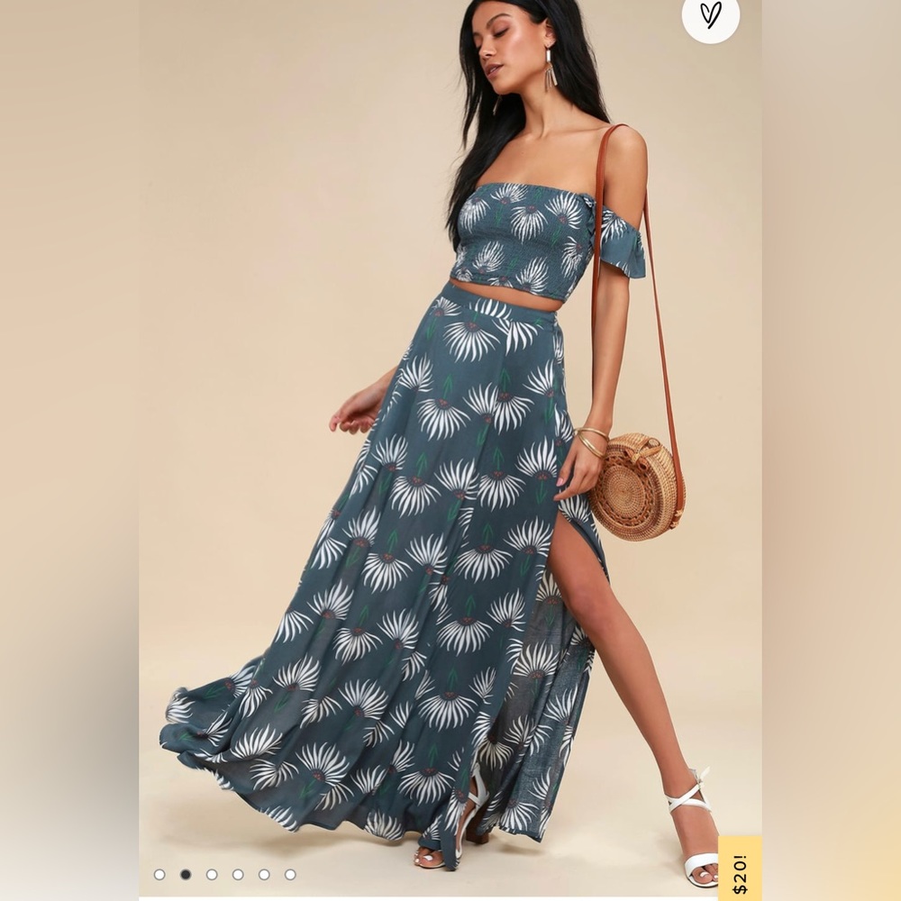 Lulus Trancoso Dusty Blue Floral Print Two-Piece Maxi Dress
